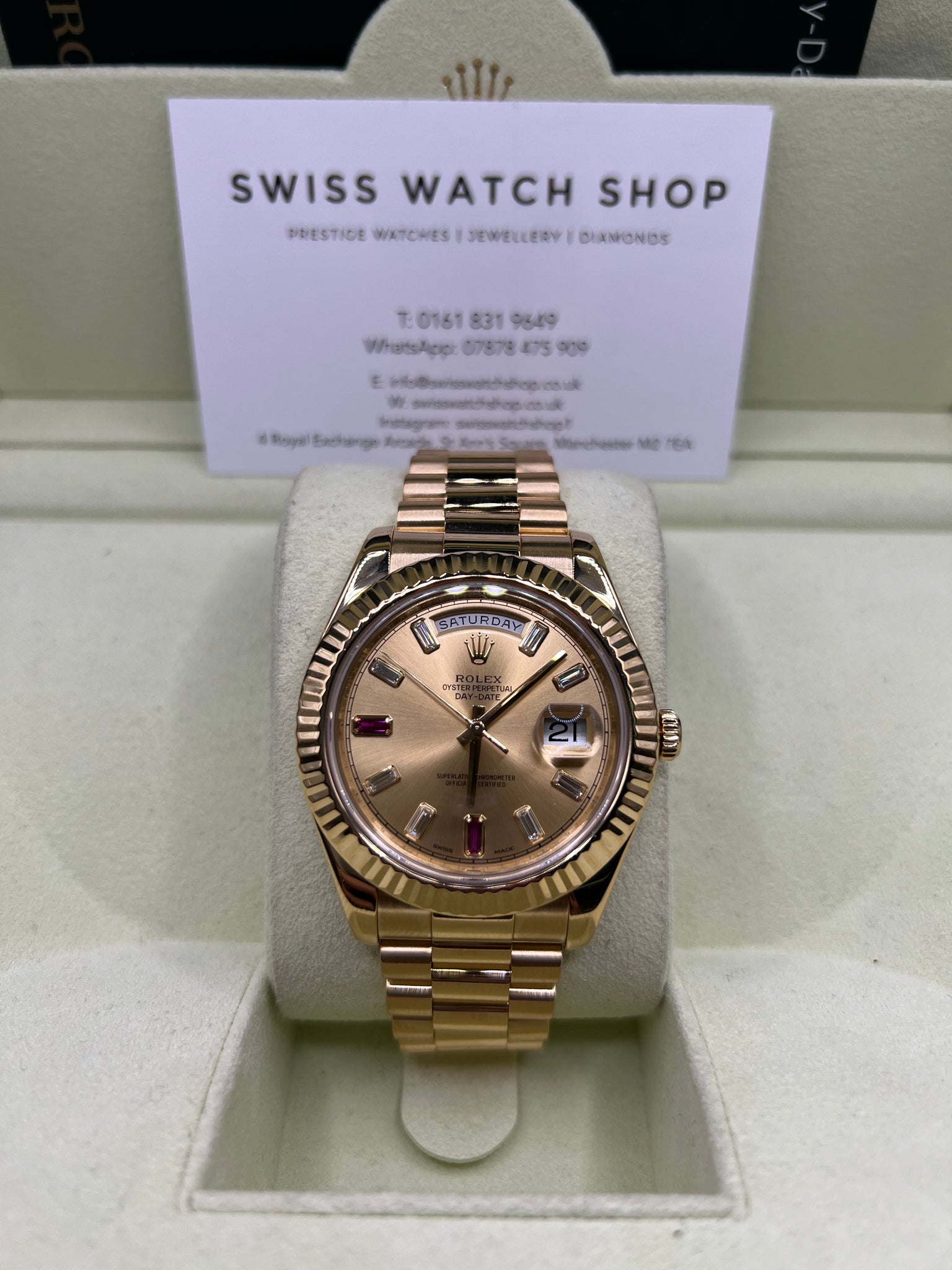 ROLEX DAYDATE II RUBY/DIAMOND (2014) 218238 BOX PAPERS £34,950